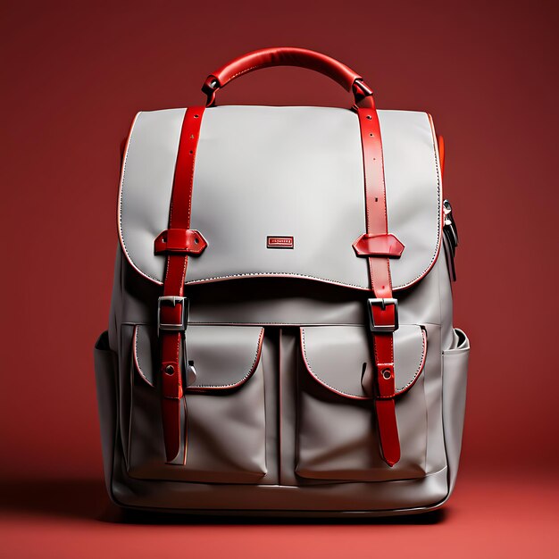 Modern grey and red backpack on a plain white background