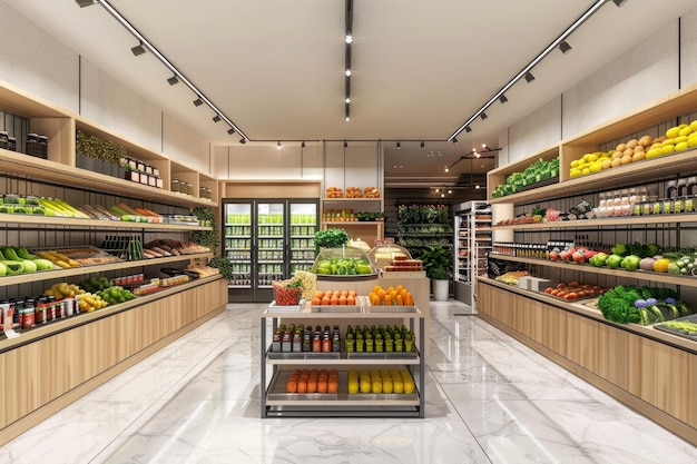 Modern Grocery Store Interior with Central Counter and Shelves