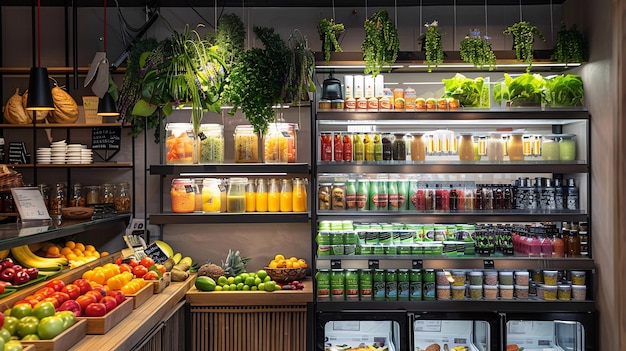 Modern Grocery Store Interior With Colorful Produce and Jars of Preserves