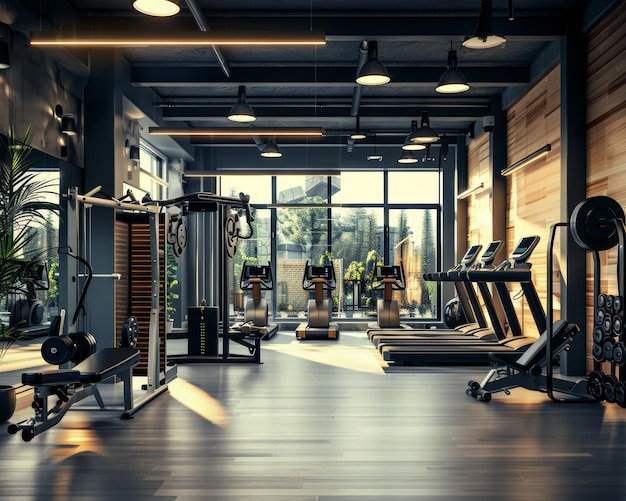 Modern gym interior displaying a diverse range of contemporary exercise equipment