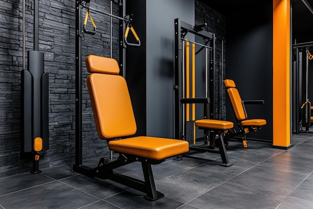 Photo modern gym interior featuring stylish orange workout benches against a sleek dark wall and advanced fitness equipment