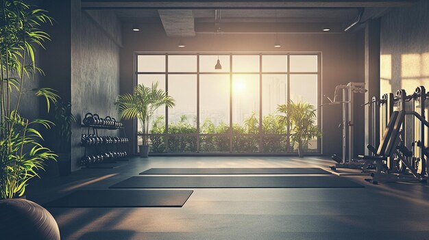 Modern Gym Interior with Abundant Exercise Equipment and Natural Lighting