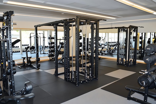 Modern Gym Interior with Black Weightlifting Equipment