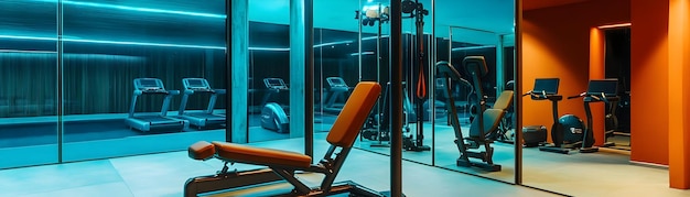 Photo modern gym interior with blue lighting and orange wall realistic image