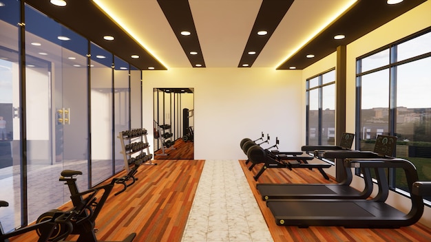 Modern gym interior with exercise equipments 3d rendering