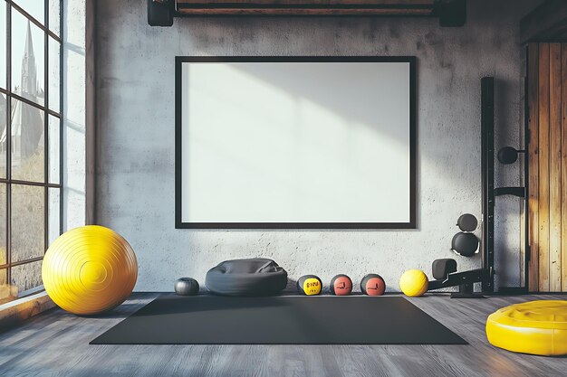 Photo modern gym interior with large blank canvas for mockup