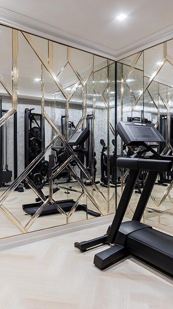 Modern Gym Interior with Treadmill and Mirrored Wall