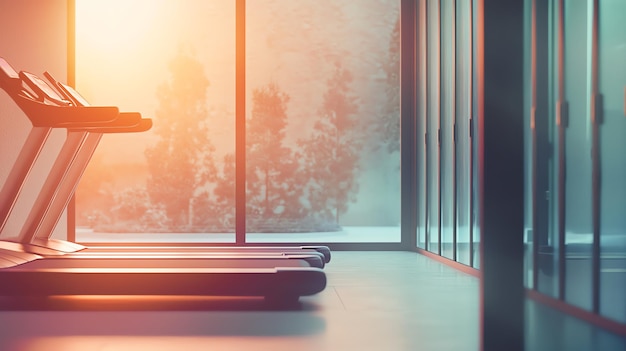 Photo modern gym interior with treadmills natural light and serene atmosphere perfect for fitness and wellness photography