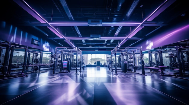 Modern gym at night with weights purple lighting no people for atmospheric photography