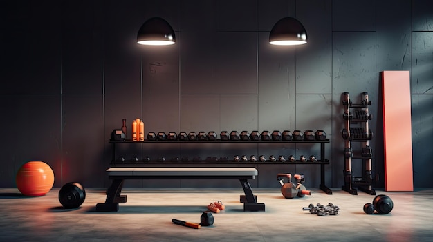 a modern gym with featuring wellarranged gym equipment and dumbbells emphasizing a minimalist composition