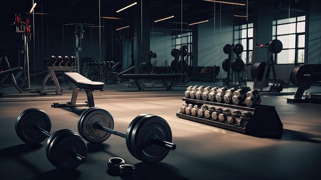 a modern gym with featuring wellarranged gym equipment and dumbbells emphasizing a minimalist composition