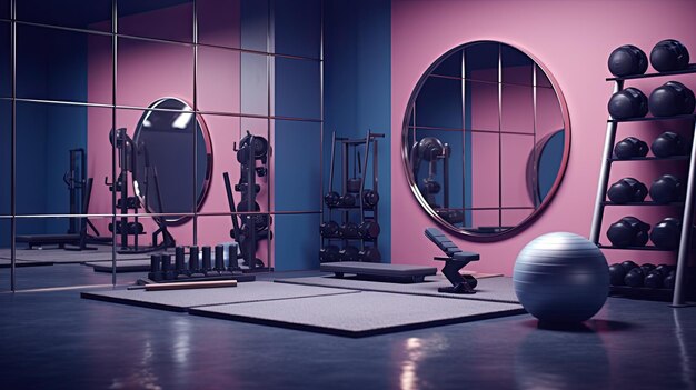 a modern gym with featuring wellarranged gym equipment and dumbbells emphasizing a minimalist composition