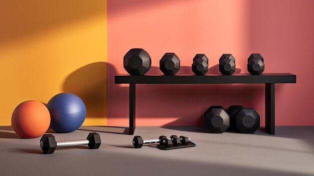 Photo a modern gym with featuring wellarranged gym equipment and dumbbells emphasizing a minimalist composition