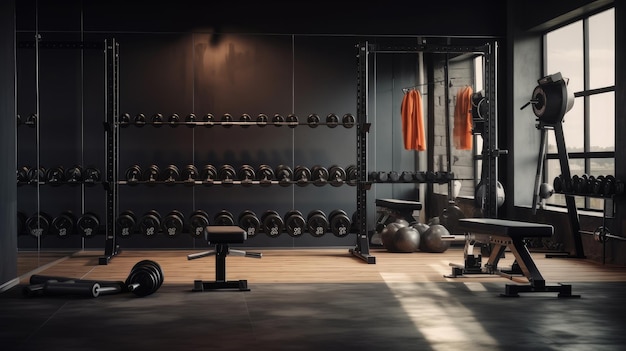 a modern gym with featuring wellarranged gym equipment and dumbbells emphasizing a minimalist composition