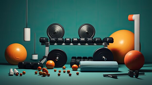 Photo a modern gym with featuring wellarranged gym equipment and dumbbells emphasizing a minimalist composition