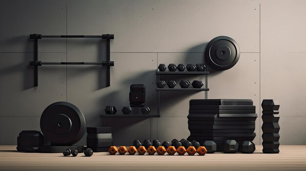 a modern gym with featuring wellarranged gym equipment and dumbbells emphasizing a minimalist composition