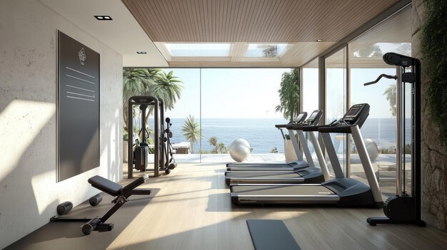 Modern Gym with Ocean View and Treadmills