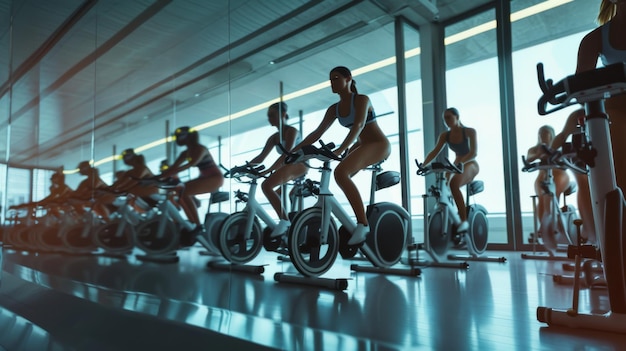 Photo a modern gym with a row of people engaged in an intense indoor cycling session their focus evident amidst the ambient lighting and reflective floors