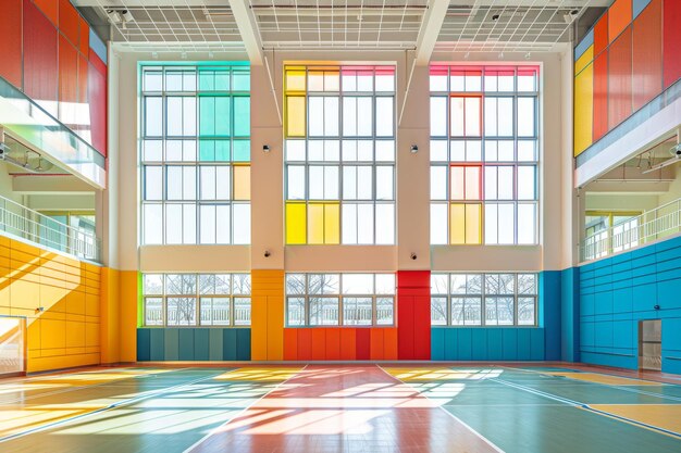 Photo modern gymnasium with large windows and colorful walls