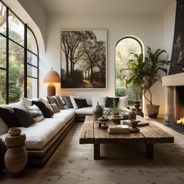 a modern hacienda style white and black living room with a painting on the wall plants