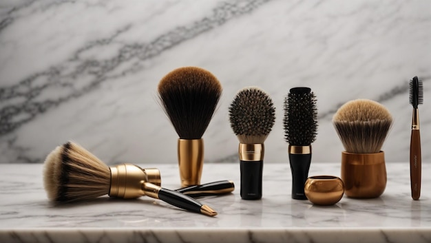 modern hair brushes on marble background