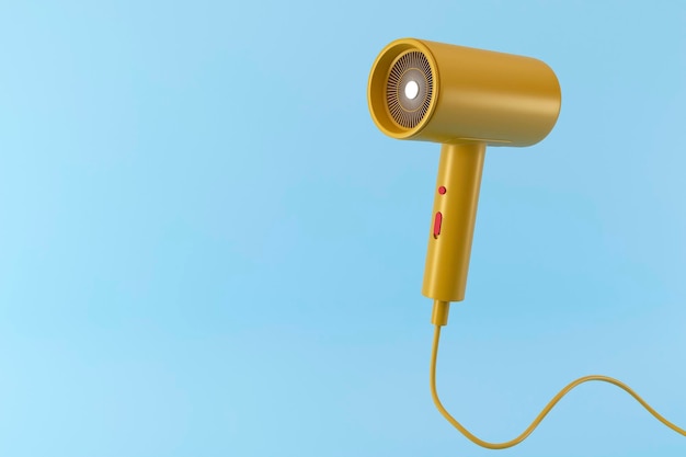 Modern hair dryer concept yellow color on blue background