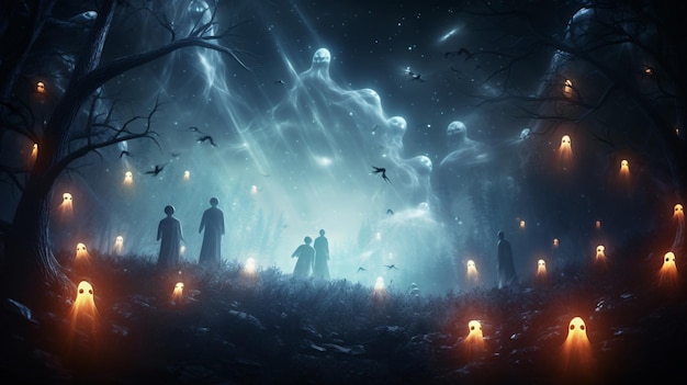 Modern Halloween Scene with Floating Ghosts Twinkling Stars and a Crisp Luminous Essence