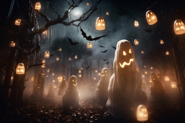 Modern Halloween Scene with Floating Ghosts Twinkling Stars and a Crisp Luminous Essence