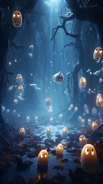 Modern Halloween Scene with Floating Ghosts Twinkling Stars and a Crisp Luminous Essence