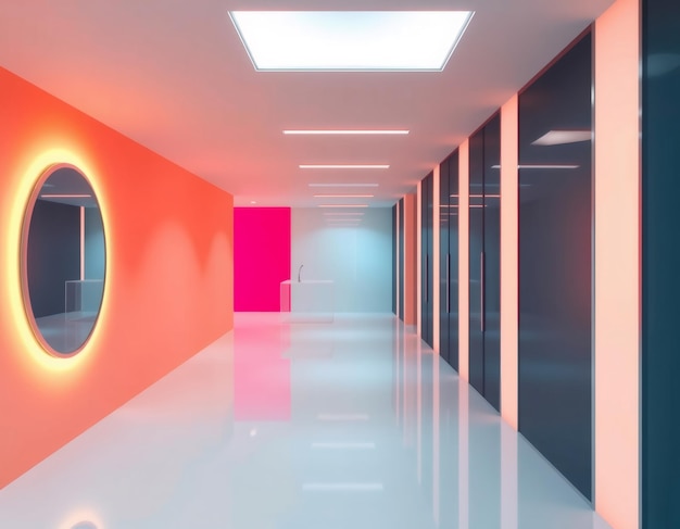 Photo a modern hallway with colorful walls and a reflective floor