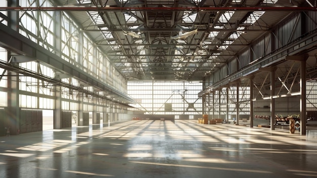 Modern hangar metal structure expansive interior steel framework industrial design high ceilings bright lighting open layout