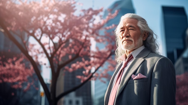 Modern happy smiling elderly Asian man with gray hair against the background of pink cherry