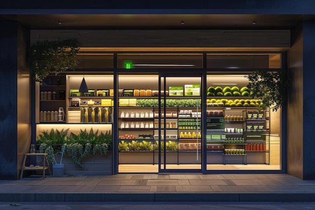 Modern Health Food Store Facade with Illuminated Interior at Dusk