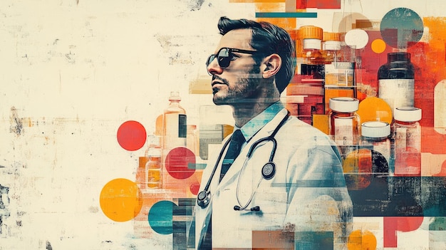 Photo modern healthcare professional with medical background elements in abstract art style