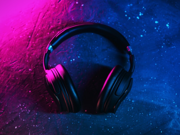 Modern high-quality wireless over-ear headphones, neon trendy style