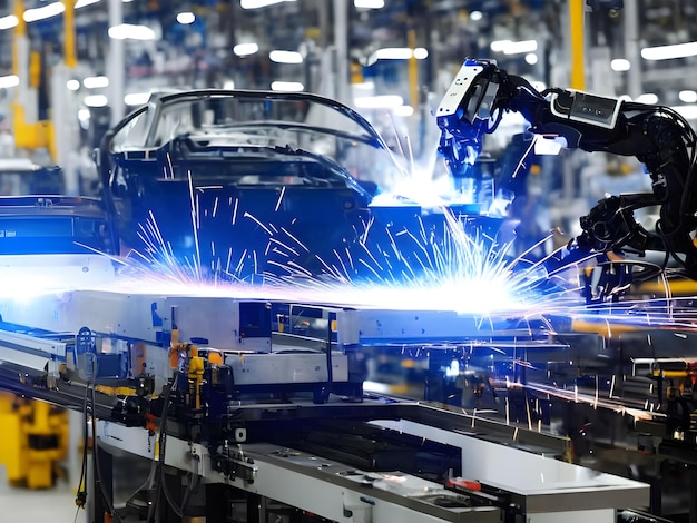 Modern High Tech Industrial Robotic arm on the factory production line production line is being welded Generative AI