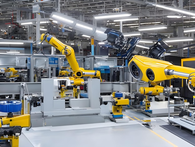 Modern High Tech Industrial Robotic arm on the factory production line production line is being welded Generative AI