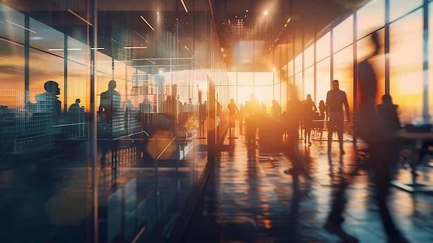 Modern highend office at golden hour blurred silhouettes of busy professionals in a meeting glass wa