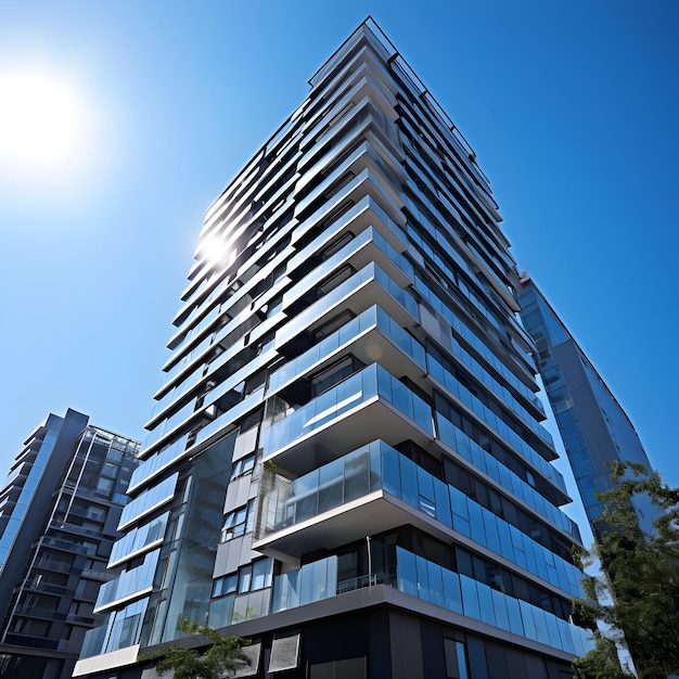 Modern HighRise Luxury Apartment Building Illuminated by Sunlight with Green Surroundings