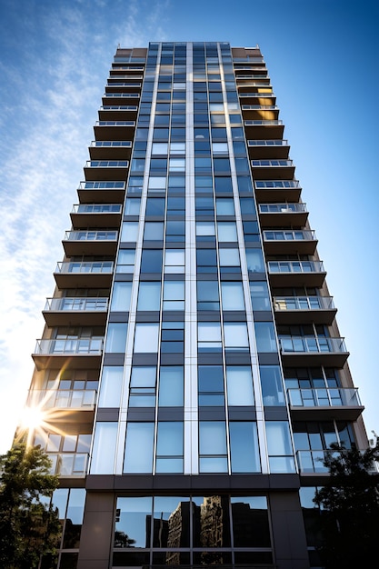 Modern HighRise Luxury Apartment Building Illuminated by Sunlight with Green Surroundings