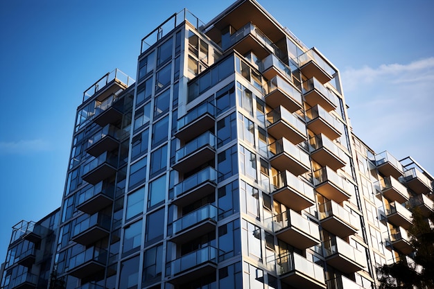 Modern HighRise Luxury Apartment Building Illuminated by Sunlight with Green Surroundings