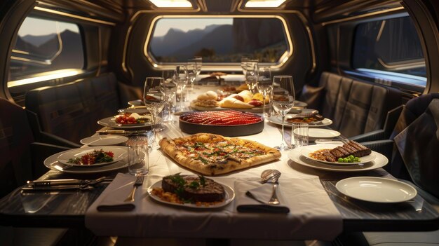 Photo a modern highspeed rail train table adorned with a tablecloth featuring tantalizing western cuisine such as steak and pizza spread across it enticing passengers with a feast on the move