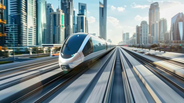 Photo modern highspeed train traveling through a futuristic cityscape