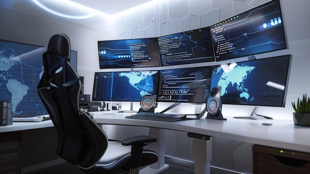 Modern hightech home office with multiple computer screens displaying data comfortable chair