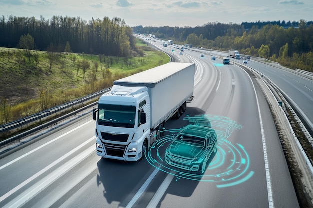 Photo a modern highway scene featuring a large truck and a holographic representation of an autonomous car symbolizing the future of transportation technology