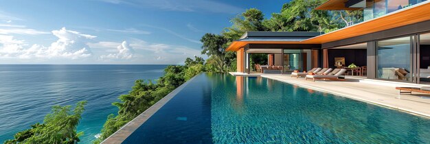 Modern hillside villa with infinity pool and lush greenery