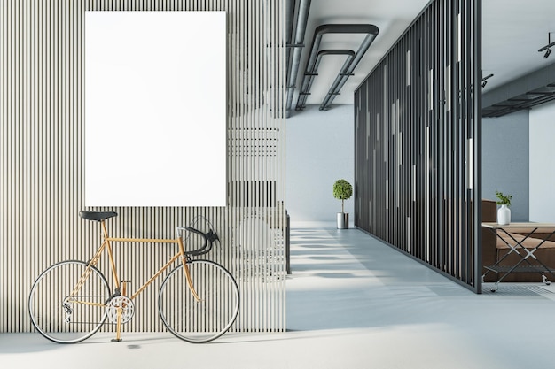 Modern hipster office interior with bike empty banner on partition wall and furniture Mock up 3D Rendering