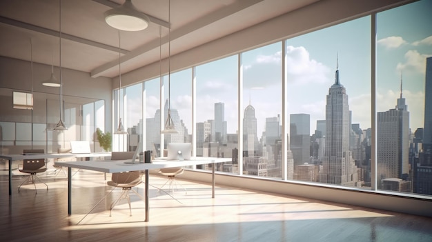 Modern hitech open space office with floortoceiling windows and city view wooden floor large tables