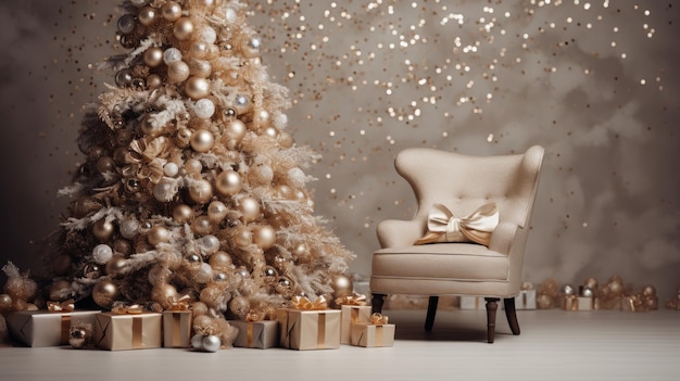 Photo modern holiday room with christmas decor mockup in gold and silver tones for festive postcard design