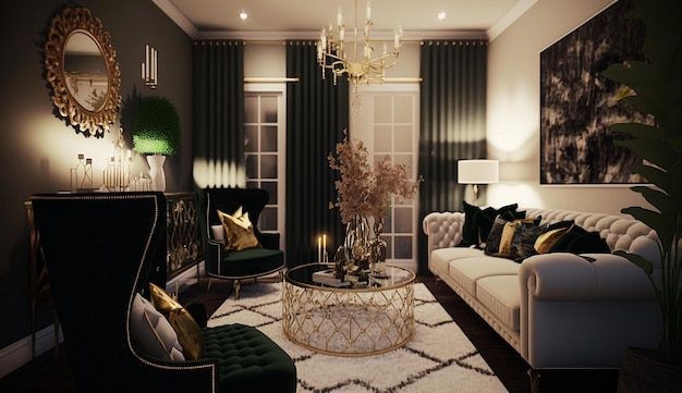 Modern hollywood glam style living room interior design AI Generated image